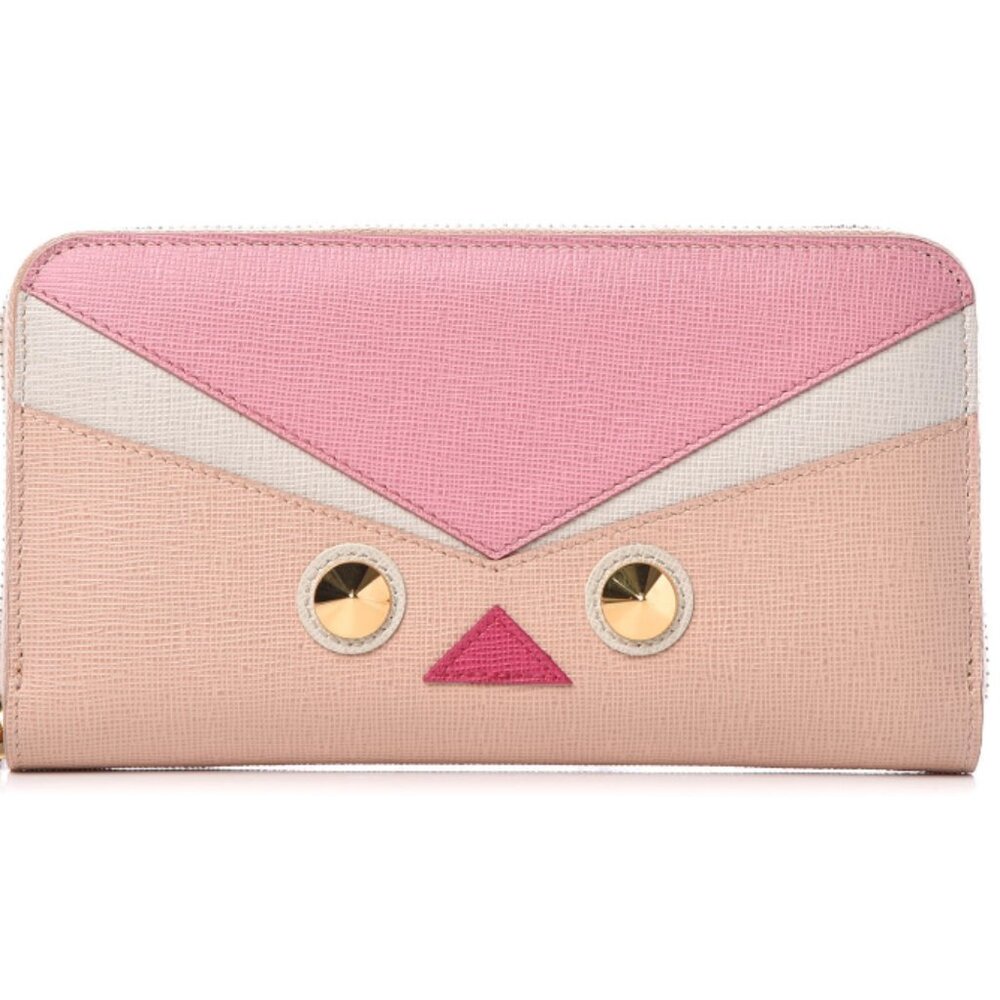 FENDI  Vitello Elite QuTweet Studded Zip Around Wallet Pink Monster Collection